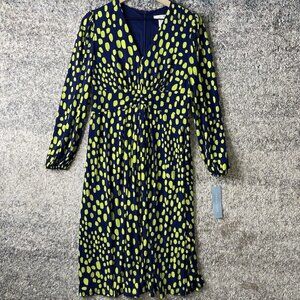 Maggy London‎ Size 8 Dress Navy Bright Green Dots / Ruching at Waist NWT